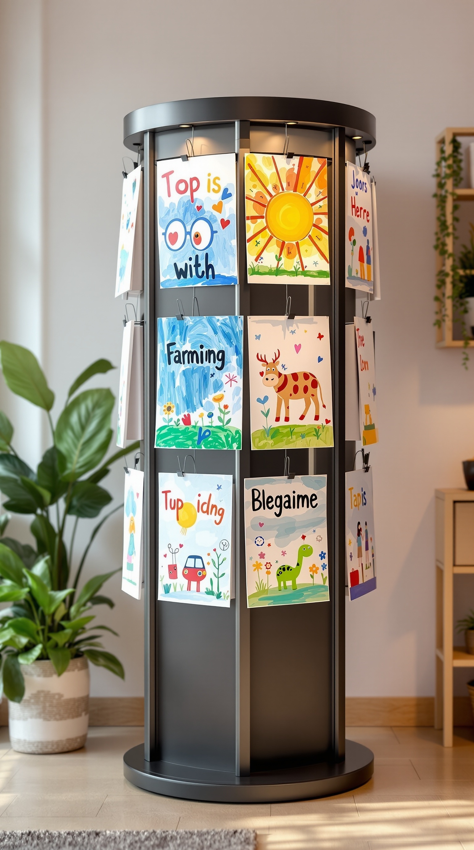 A rotating art display featuring children's colorful drawings.