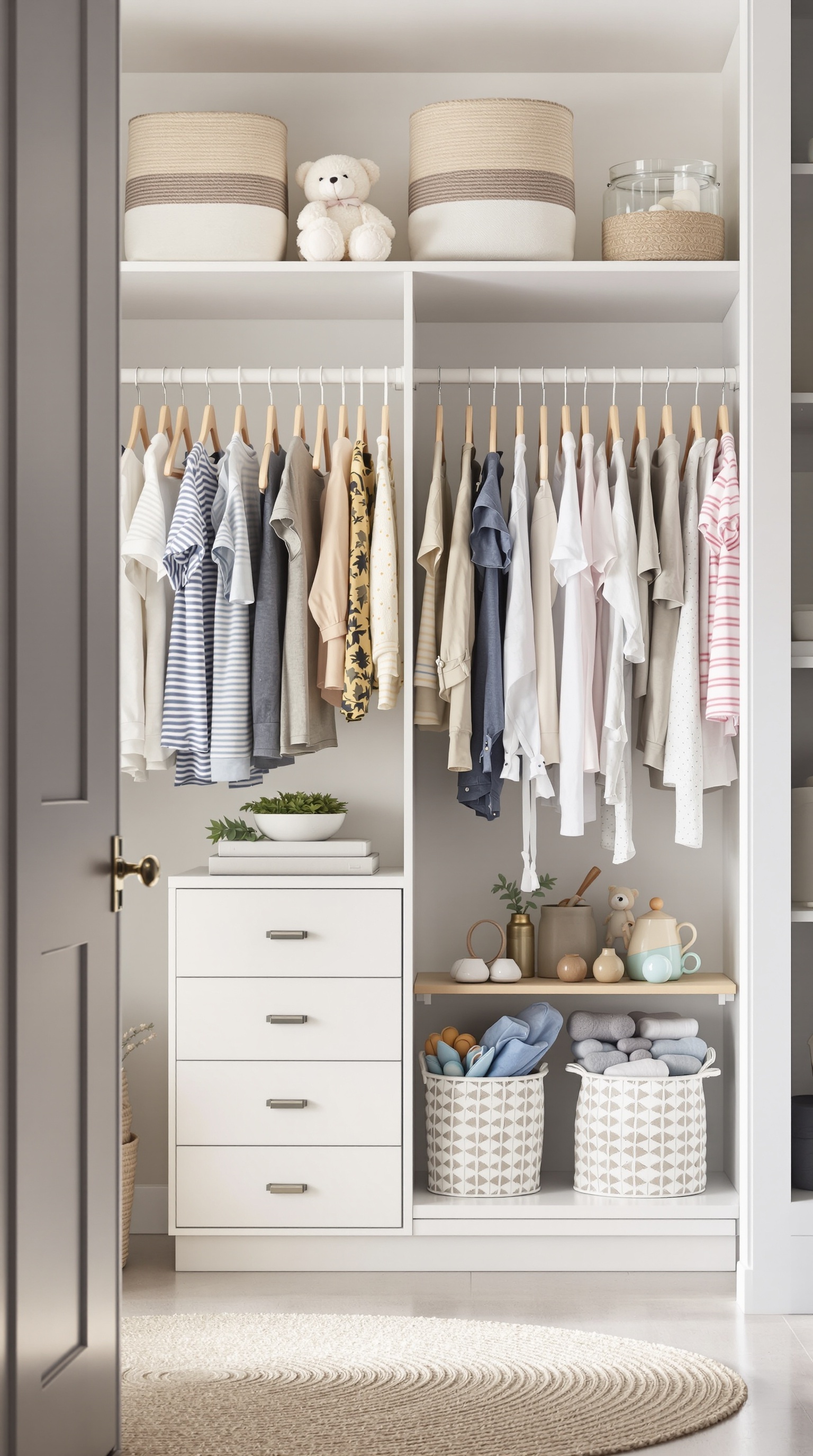 A well-organized toddler closet with clothes, baskets, and a teddy bear.