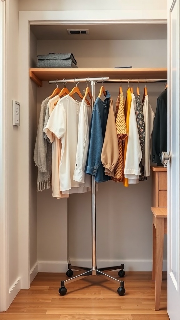 A rotating garment rack filled with various clothing items in a small closet.