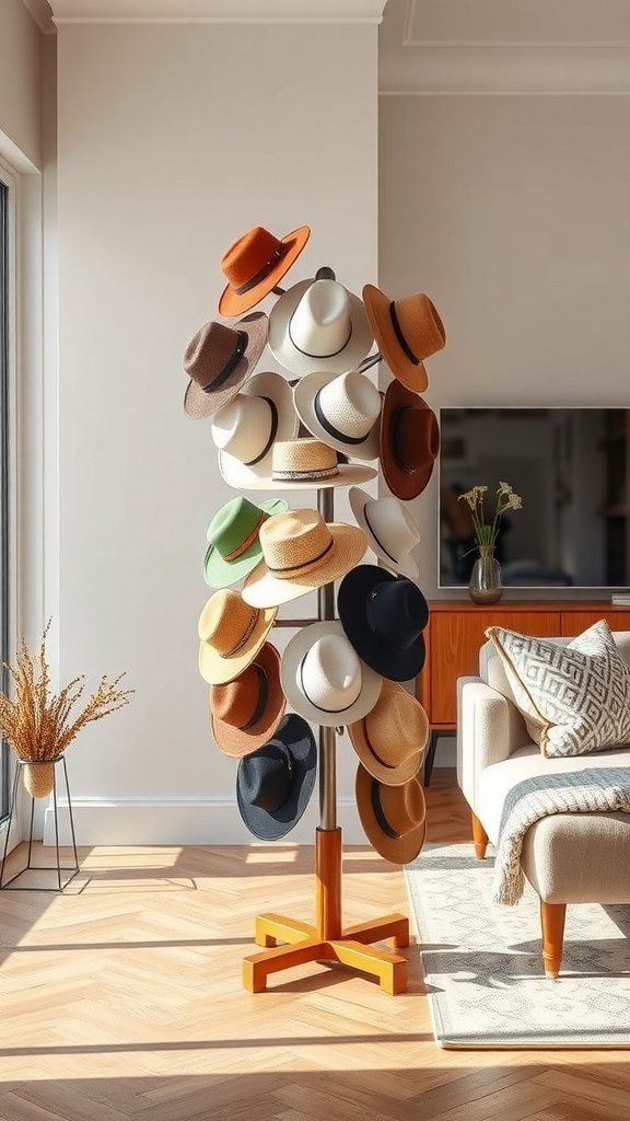 A rotating hat stand displaying various hats in a stylish living room.