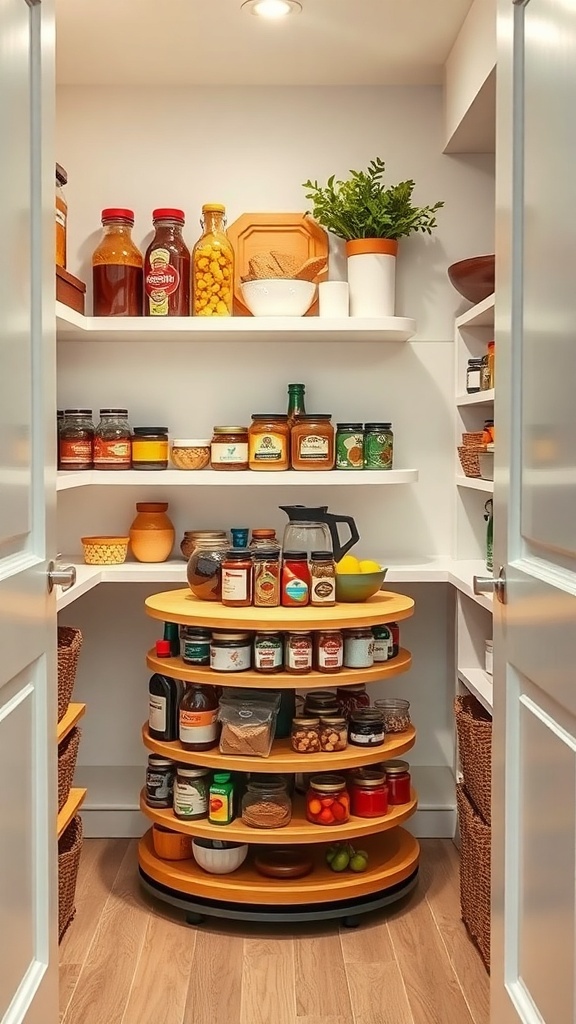 A well-organized small pantry featuring a rotating lazy Susan filled with jars and containers.
