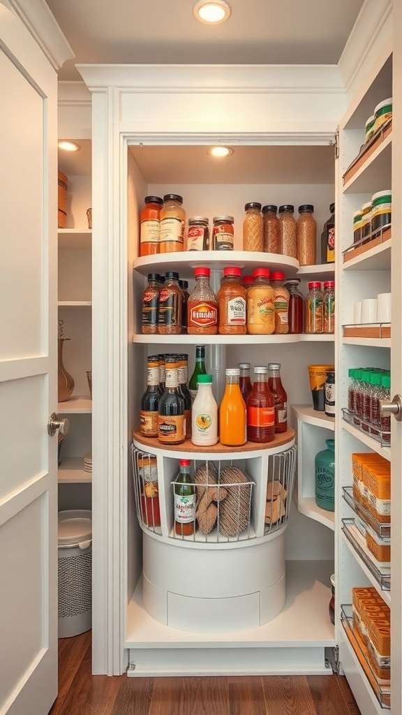 A well-organized pantry with a rotating shelf displaying various sauces, drinks, and jars.