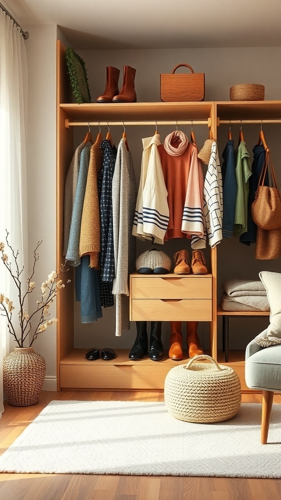 A well-organized wardrobe featuring seasonal clothing and accessories, including boots, bags, and sweaters.