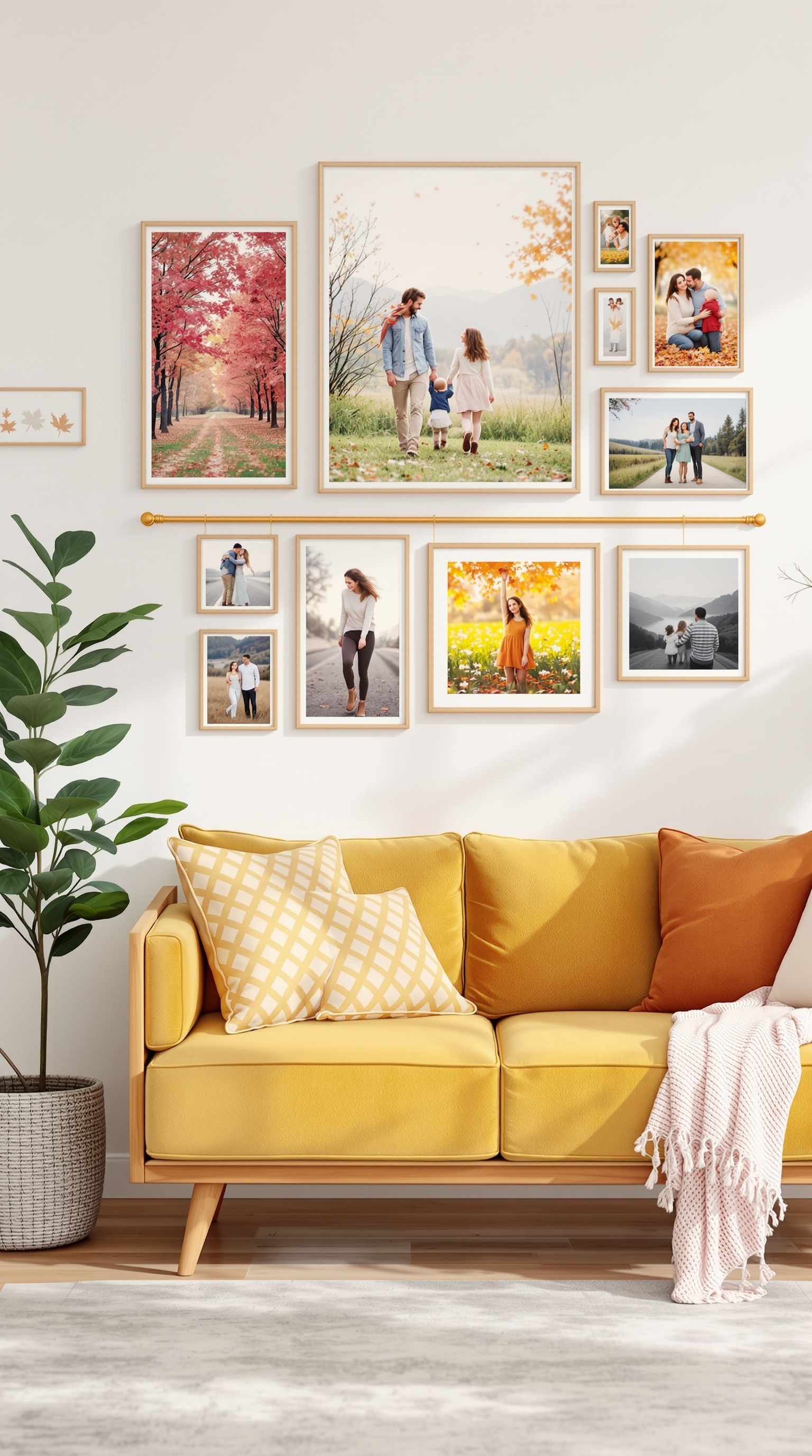 A family photo wall with seasonal images framed and displayed above a cozy yellow couch.