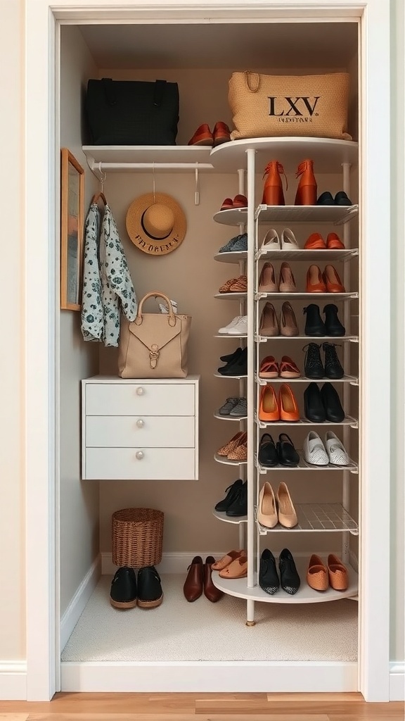 A neatly organized rotating shoe rack in a small wardrobe, displaying various pairs of shoes.
