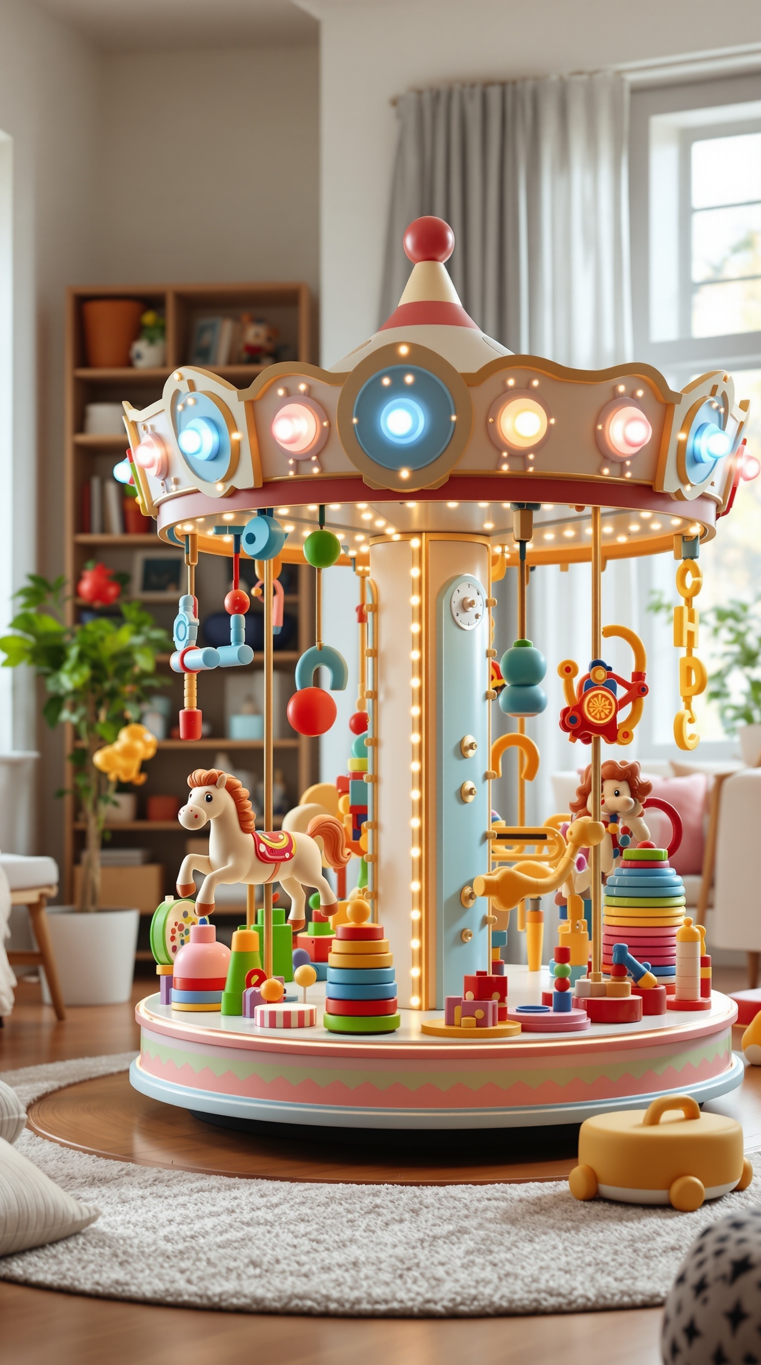 A colorful rotating toy carousel with lights and various toys in a playroom setting.