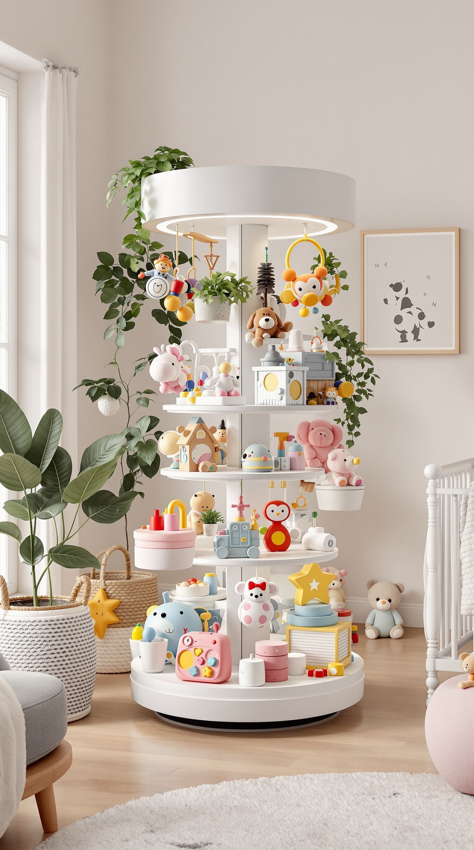 A rotating toy display filled with colorful toys in a bright nursery setting.