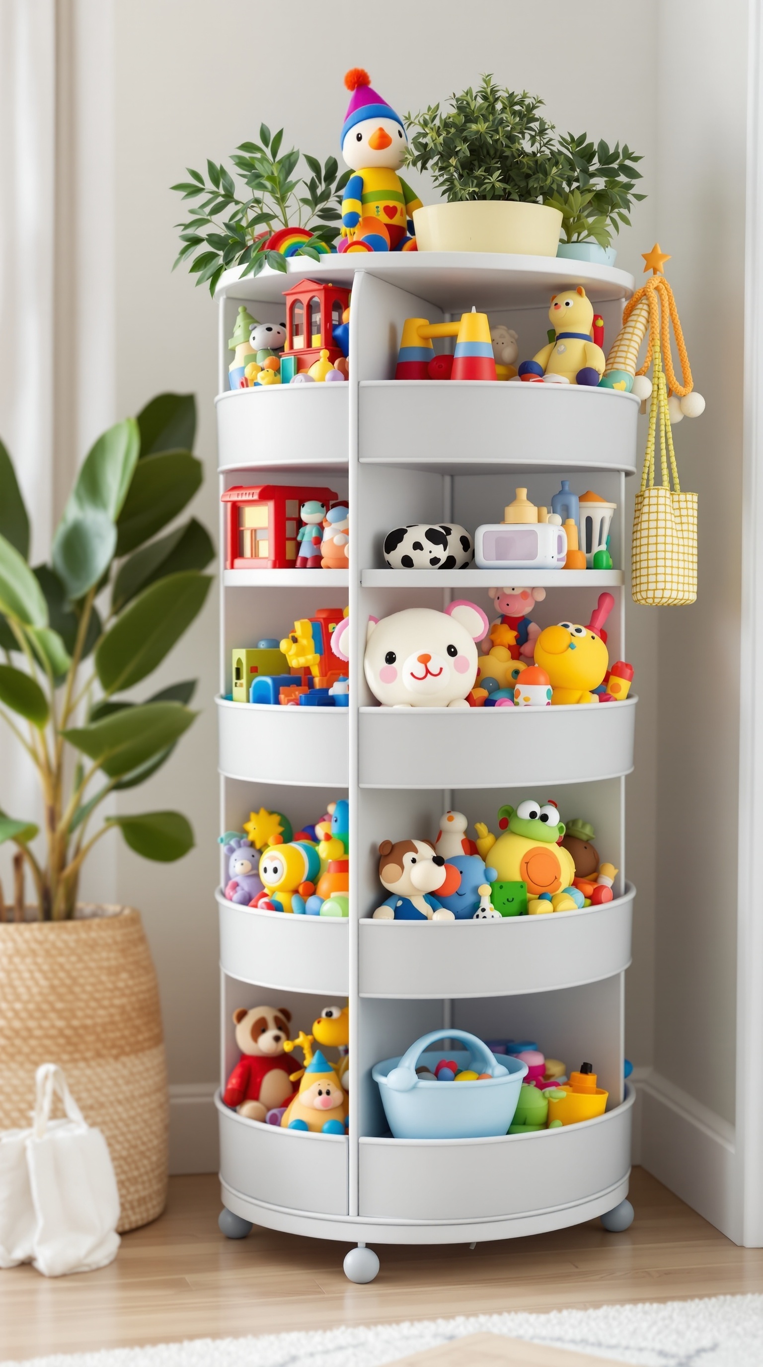 A rotating toy organizer filled with colorful toys and a small plant on top.