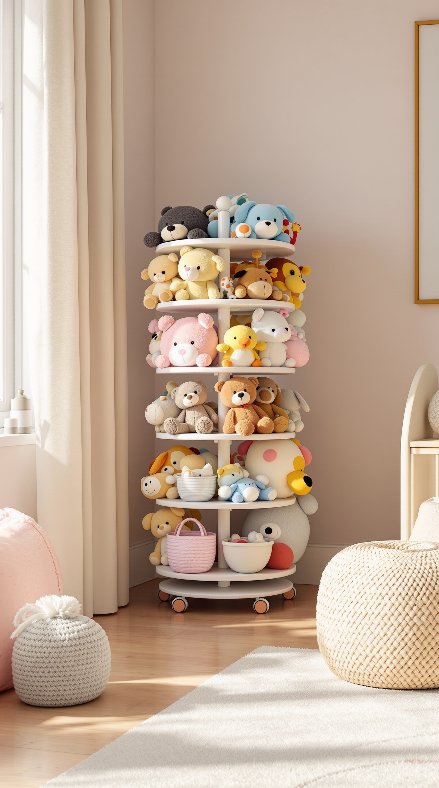 A rotating toy rack filled with colorful stuffed animals in a bright room