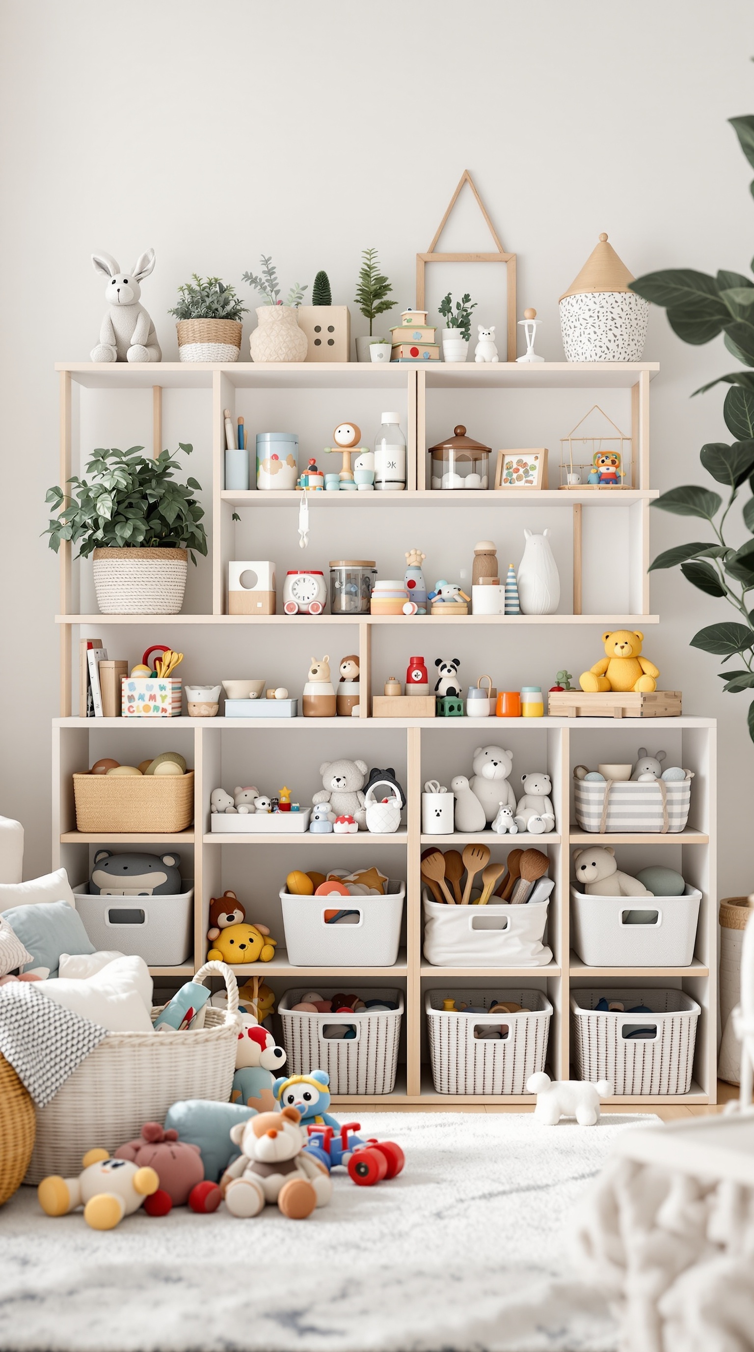 A neatly organized toy shelf with various toys and decorative items, showcasing a rotating selection for less clutter.