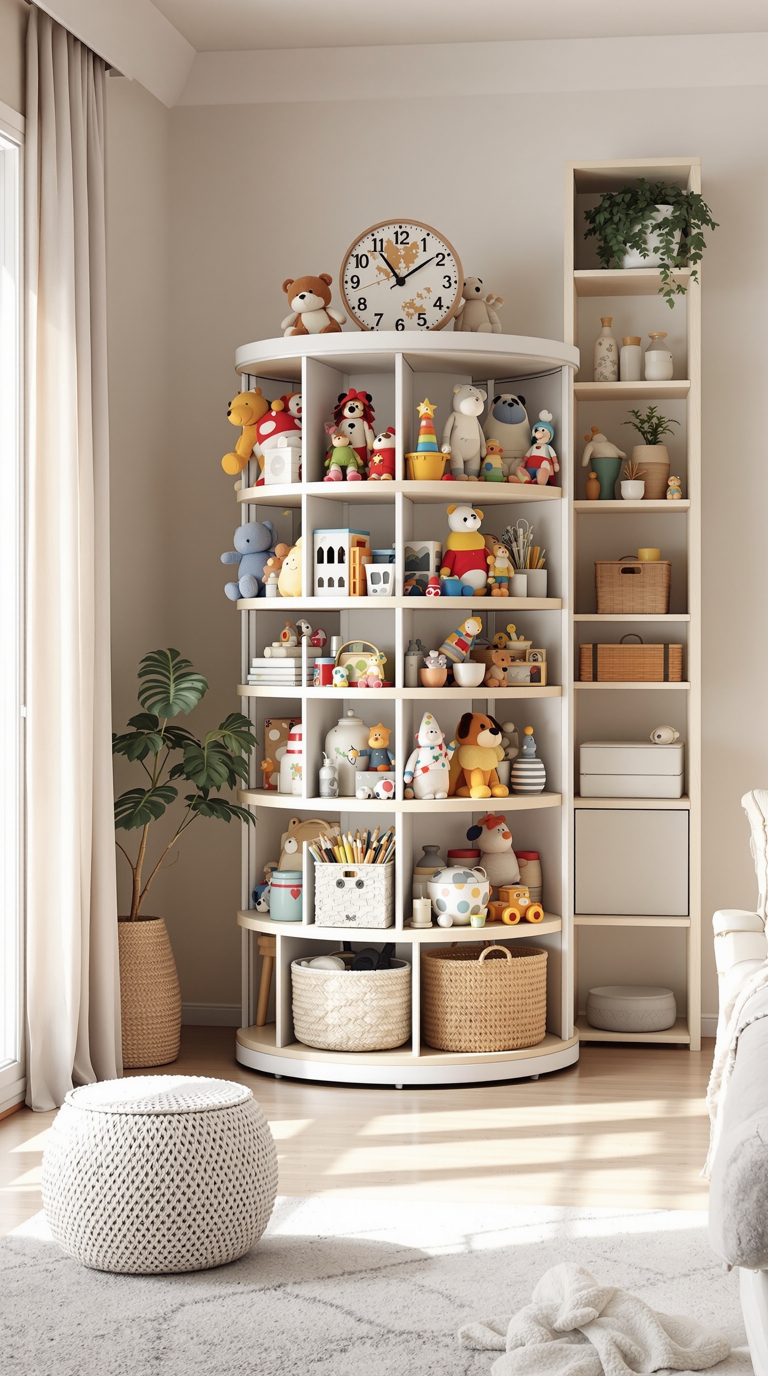 A stylish rotating toy storage unit filled with colorful toys and decor, with natural light illuminating the space.