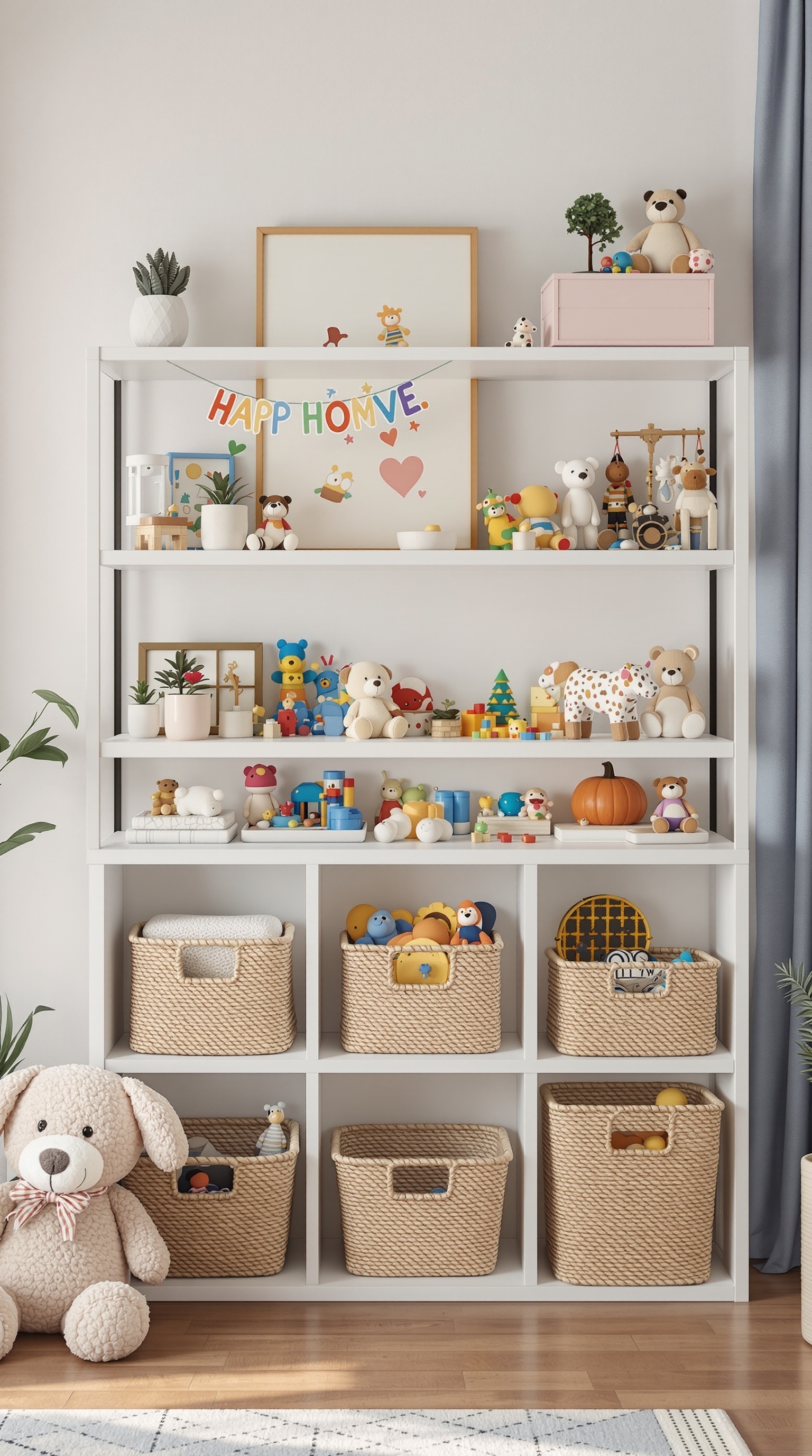 A neatly organized toy shelf with various toys, decorative elements, and storage baskets.