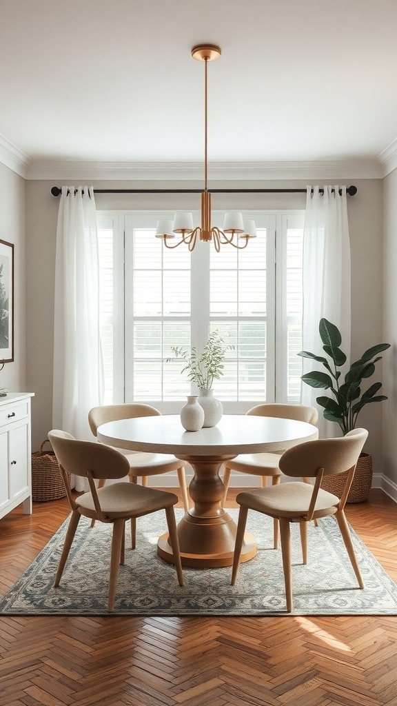 A small dining room featuring a round table with four chairs, large windows, and decorative plants.