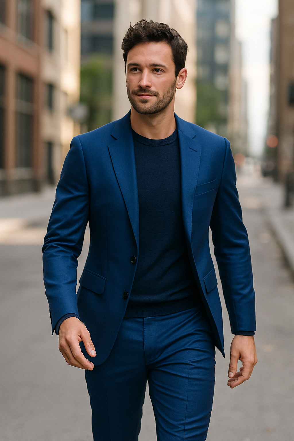 A man walking confidently in a royal blue suit with a navy sweater underneath.