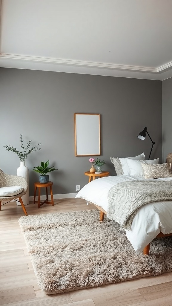 A cozy grey bedroom featuring a plush rug, soft bedding, and modern decor.