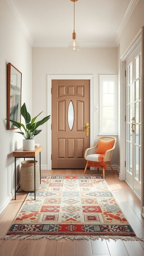 A cozy foyer with a patterned rug, brown door, and stylish decor.