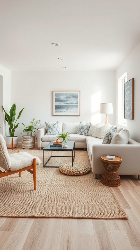 Cozy coastal living room with a light textured rug, soft furniture, and natural decor.