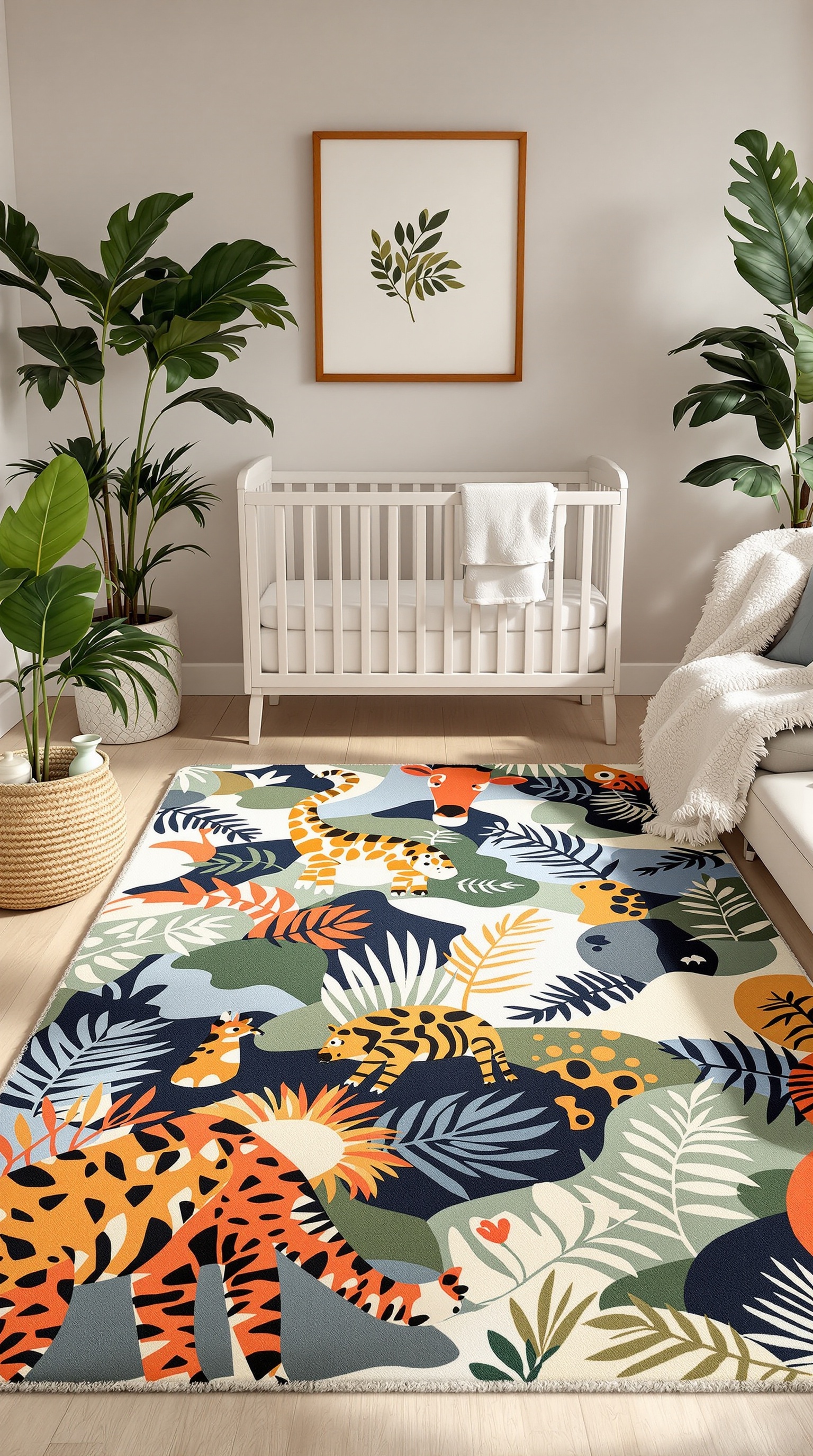 Colorful jungle patterned rug in a baby room with a crib and plants
