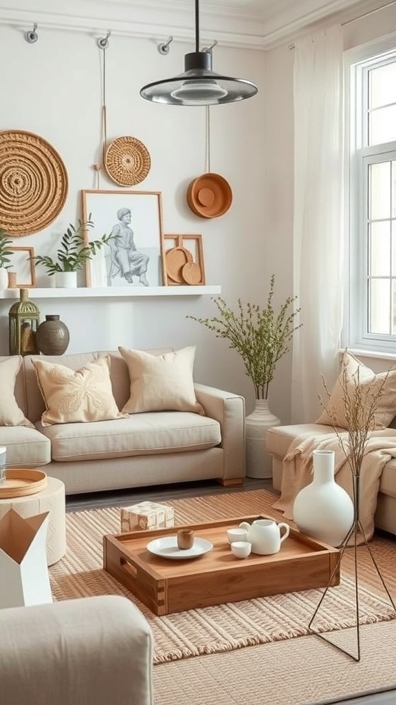 A modern rustic living room featuring soft beige sofas, woven wall art, a wooden coffee table, and natural decor elements.