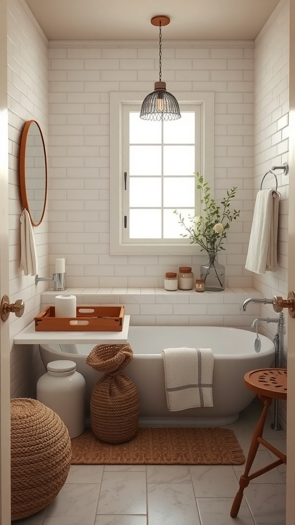 A rustic bathroom featuring a bathtub, woven baskets, a wooden stool, and natural decor elements.