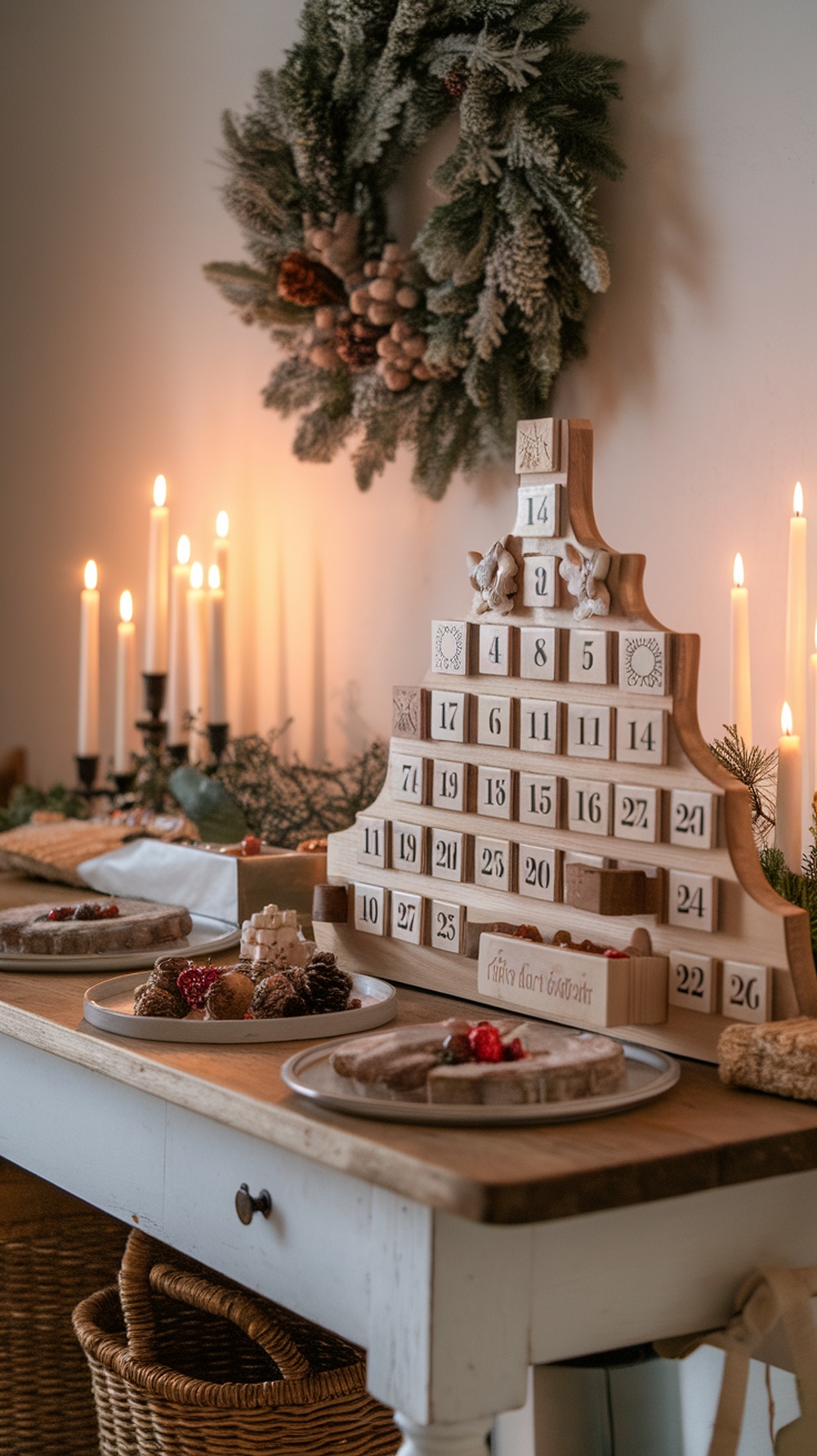 A rustic wooden advent calendar displayed on a table with candles and a wreath in the background.