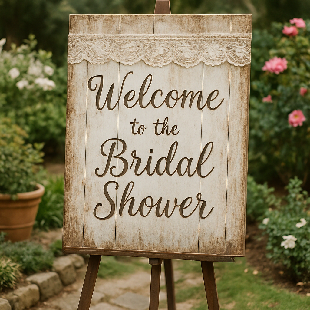 Rustic bridal shower welcome sign with lace trim in a garden setting