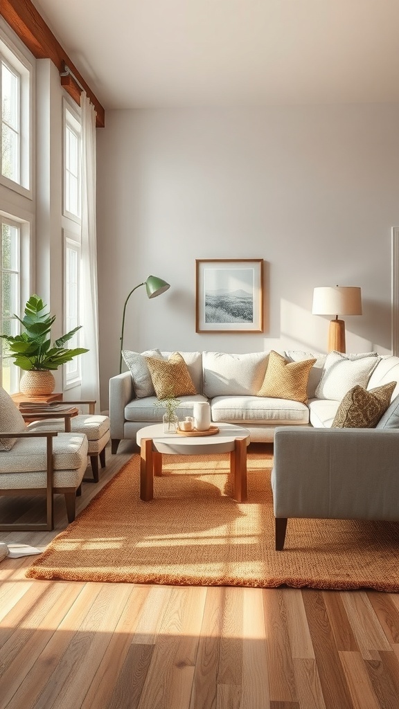 A cozy rustic living room featuring a warm area rug, comfortable seating, and natural light.