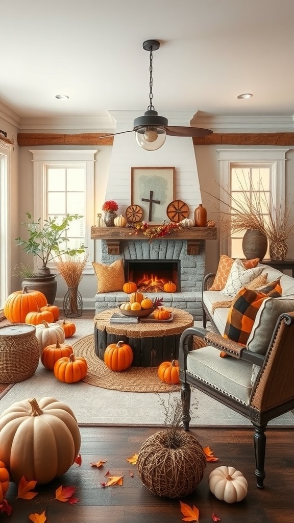 A cozy living room decorated for autumn with pumpkins, a fireplace, and rustic furniture.