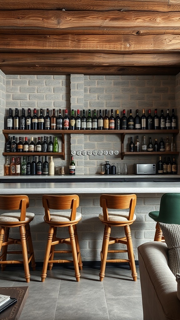 A rustic bar area with wooden shelves filled with bottles, a clean countertop, and wooden bar stools.