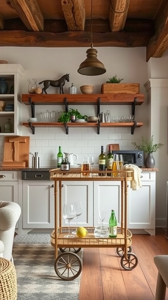 A rustic bar cart setup in a modern kitchen with wooden shelves, drinks, and decorative items.