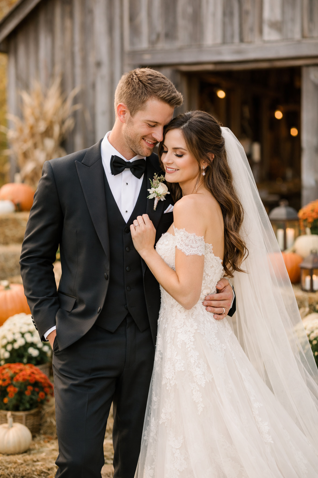 A couple in formal wear standing in front of a rustic barn, surrounded by pumpkins and flowers, smiling at each other.