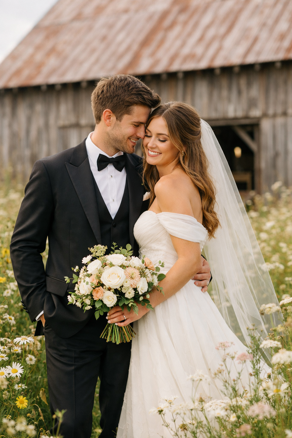 A couple in elegant attire embraces in a field near a rustic barn.
