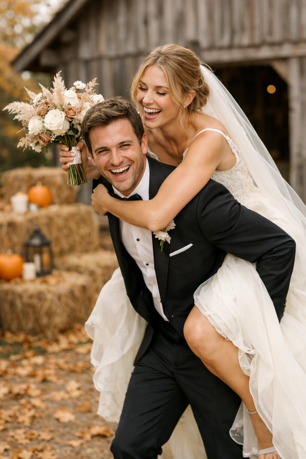 A couple joyfully poses outside a rustic barn, with the groom giving the bride a piggyback ride, surrounded by pumpkins and hay bales.