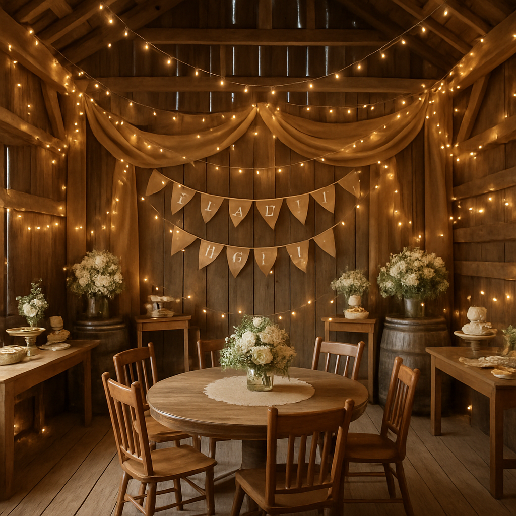 A rustic barn decorated for a bridal shower with fairy lights, wooden tables, and floral arrangements.