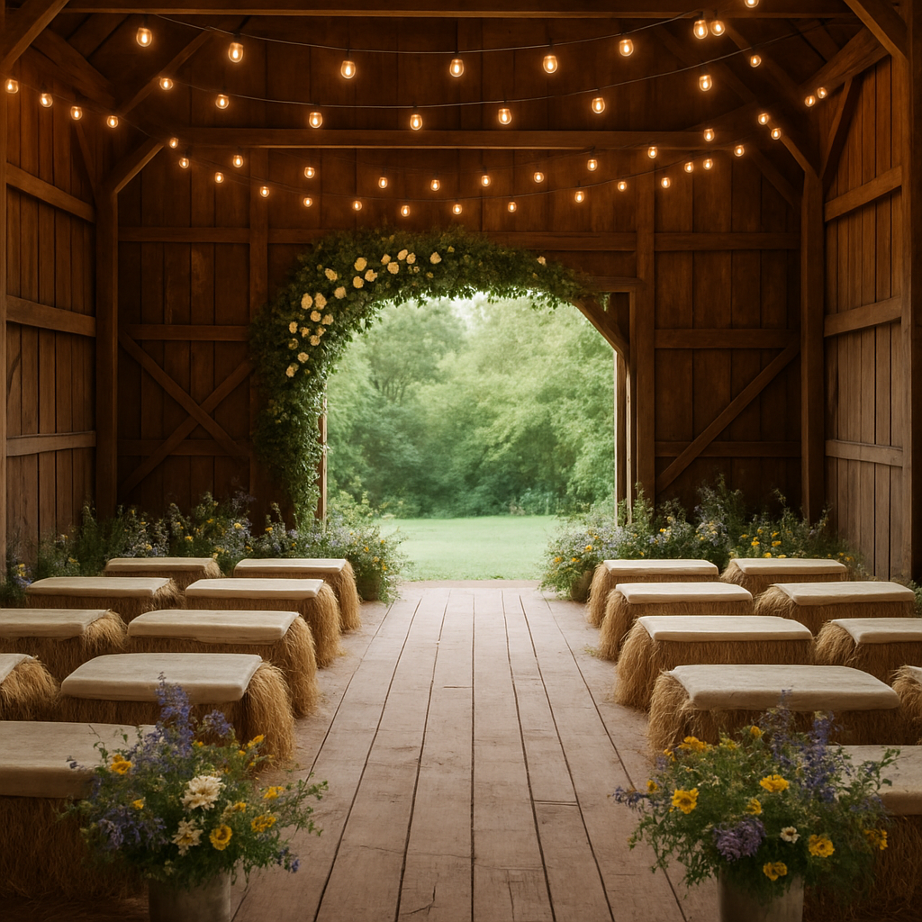 Interior of a rustic barn decorated for a wedding ceremony with hay bale seating and floral arrangements.