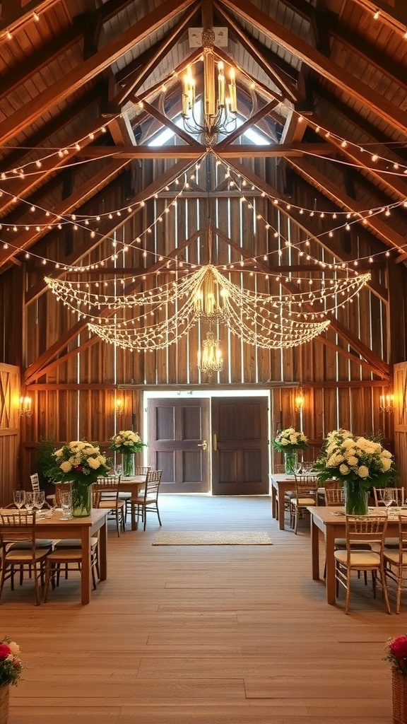 Interior of a rustic barn with decorative lights and wooden tables for a bridal shower