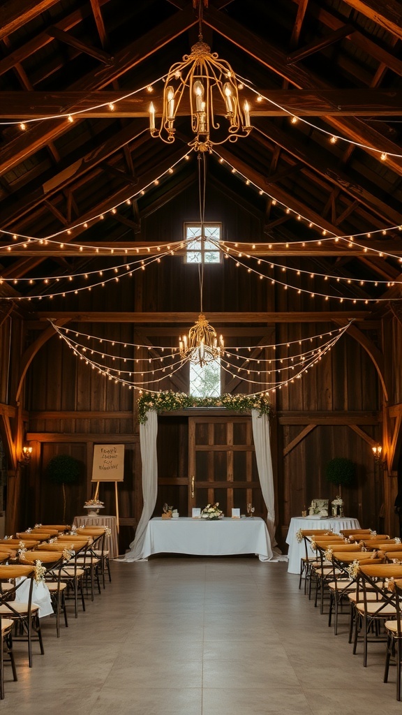 Inside a rustic barn decorated for a bridal shower with fairy lights and simple tables.