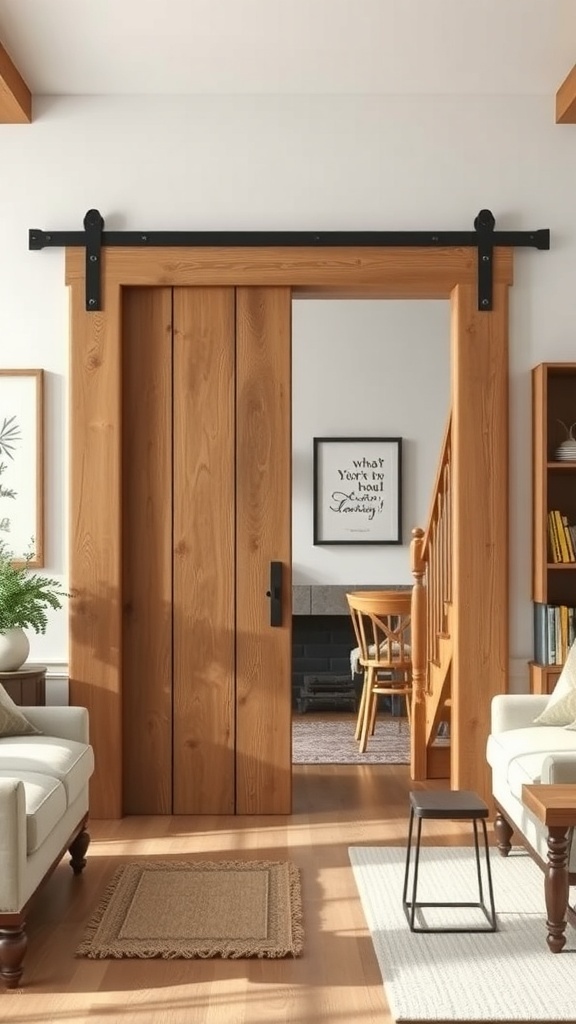 A rustic barn door with a wooden finish and a black sliding mechanism in a cozy living space.