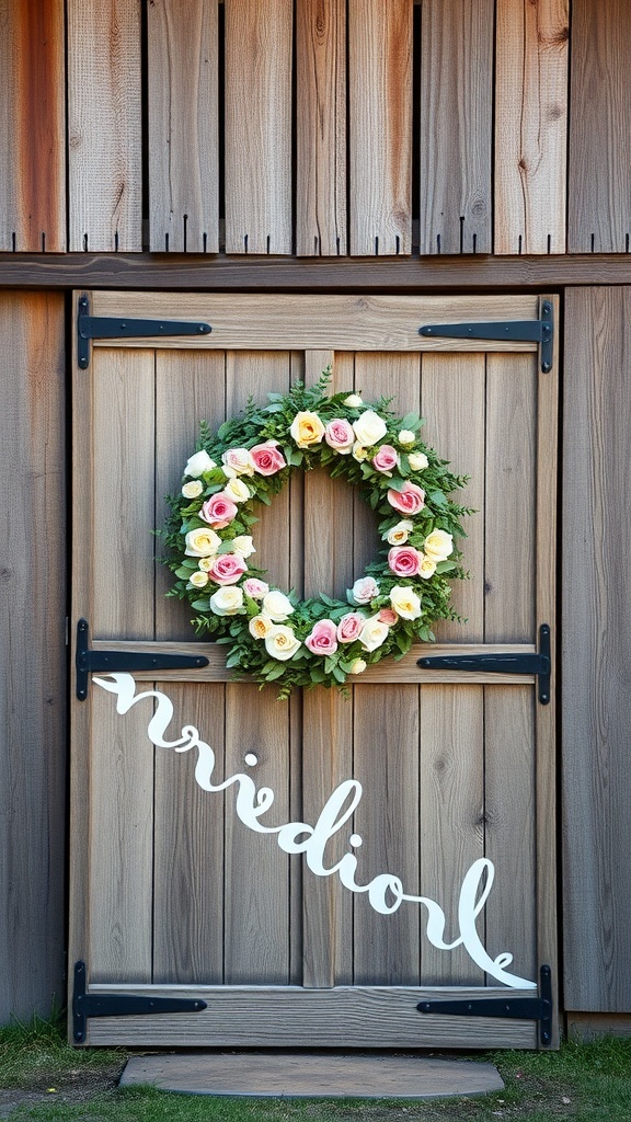 A rustic barn door with a floral wreath and whimsical lettering.