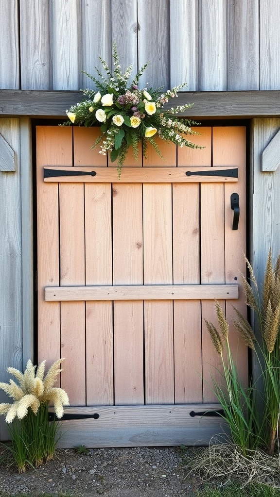 A rustic barn door adorned with flowers, creating a lovely backdrop for a bridal shower.