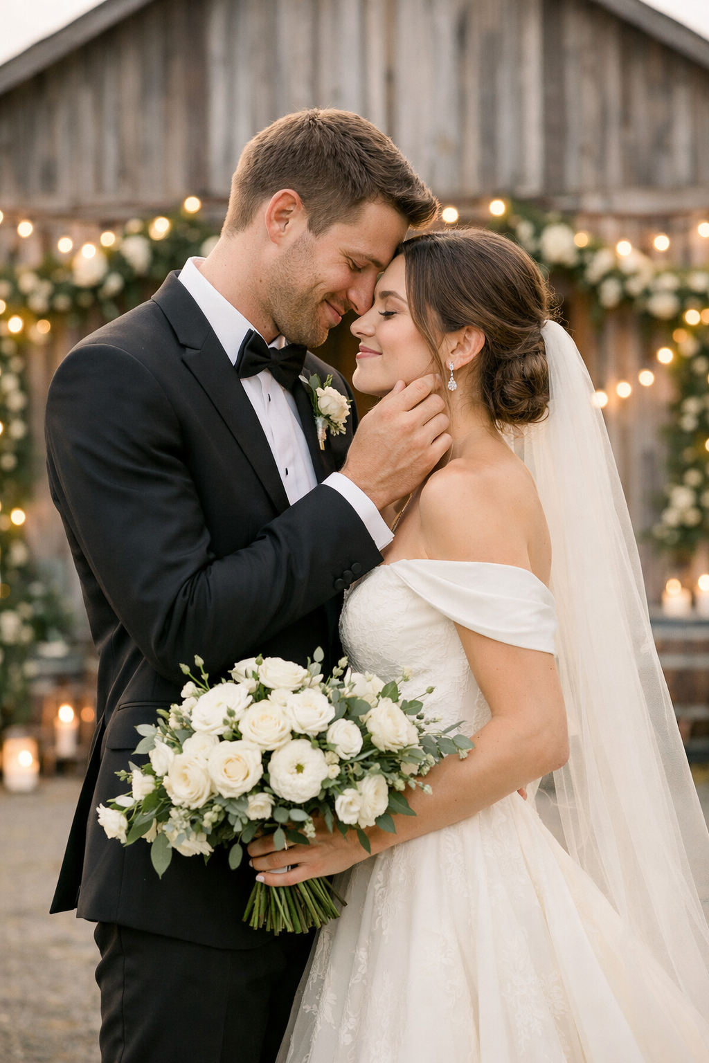 A couple sharing a moment in a rustic barn setting during a summer engagement photo shoot, decorated with flowers and twinkling lights.