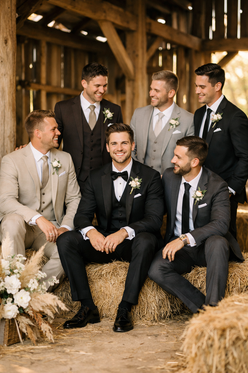 Groomsmen posing in a rustic barn setting with hay bales and wooden beams.