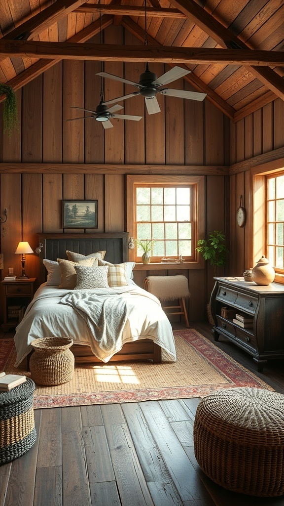A rustic barn-style bedroom featuring wooden walls, a cozy bed with soft linens, and natural light from large windows.
