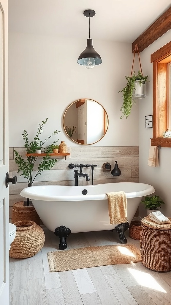 A rustic bathroom featuring a clawfoot tub, wooden accents, and natural decor.