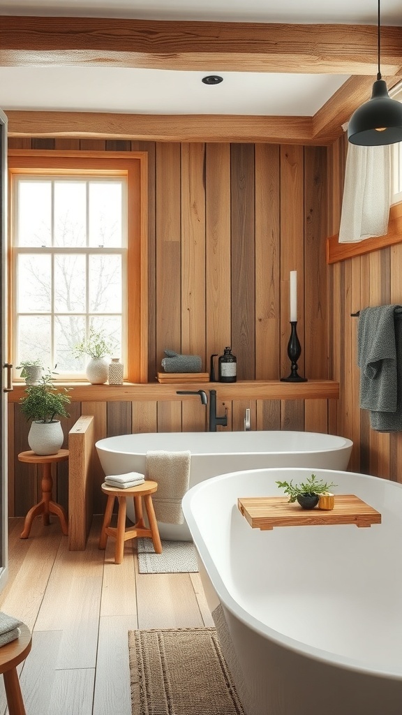 A rustic bathroom featuring wooden walls, a freestanding tub, and natural decor elements.