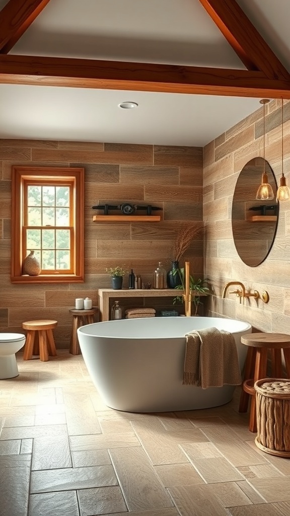 A rustic bathroom featuring a freestanding bathtub, wooden beams, and warm earthy tones.