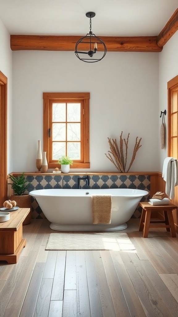 A rustic bathroom featuring a freestanding tub, wooden accents, and natural light.