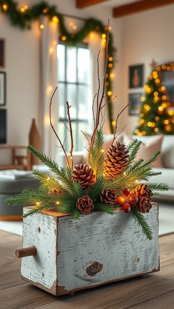 A rustic birch log planter filled with pine branches, pinecones, and red berries, illuminated with fairy lights.