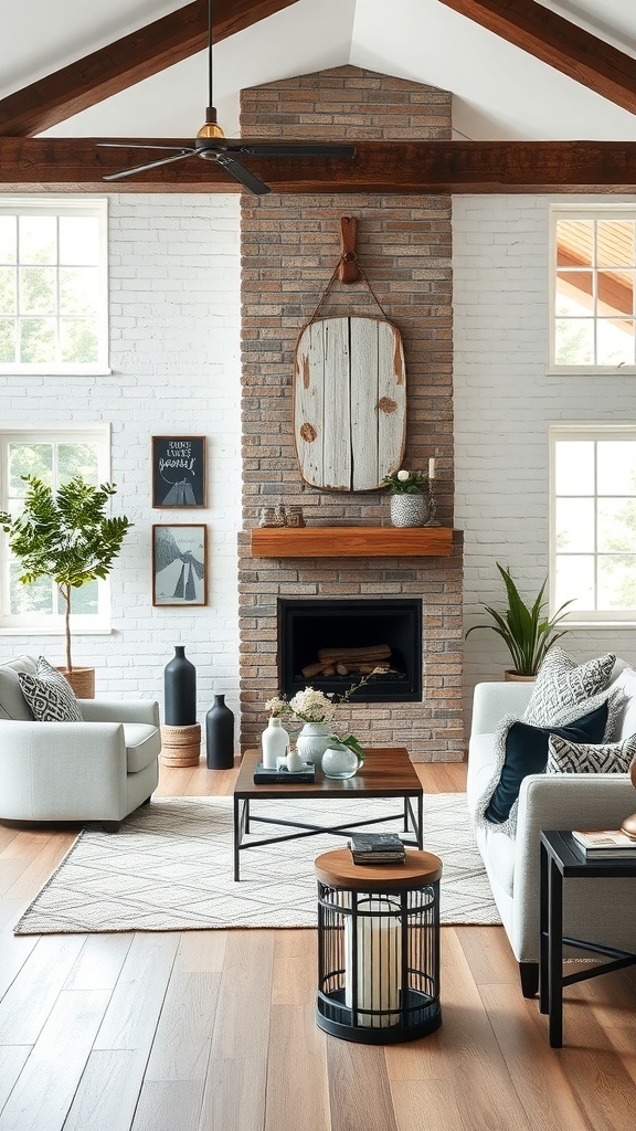 A rustic black and white living room featuring a brick fireplace, wooden beams, and comfortable seating.