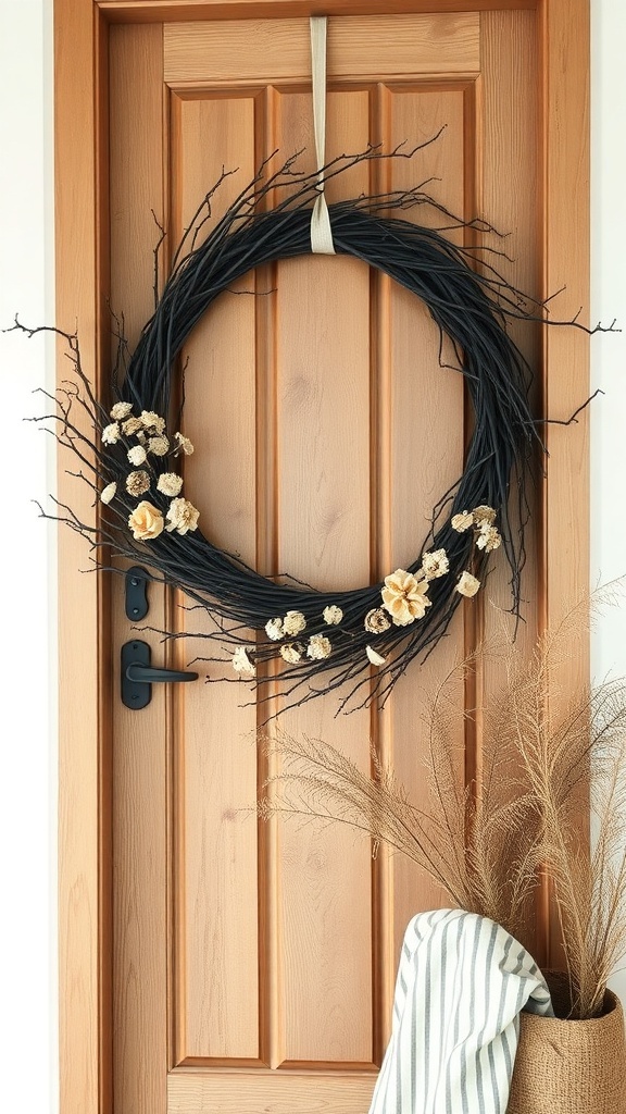 A rustic black grapevine wreath with dried flowers hanging on a wooden door.